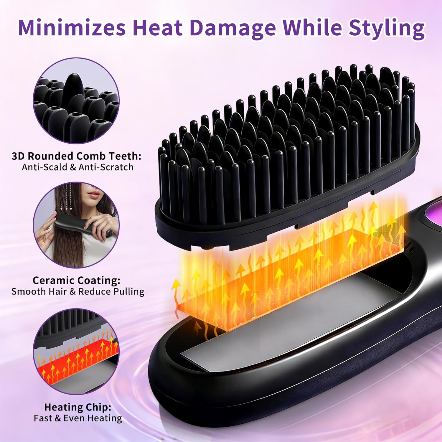 Cordless Hair Straightener Brush, Portable Hair Straightening Brush for Travel with Dense Bristles, 3 Temps Fast Heating, LCD Temperature Display, Touch Up On-The-Go, Fast Heating,for All Hair Types