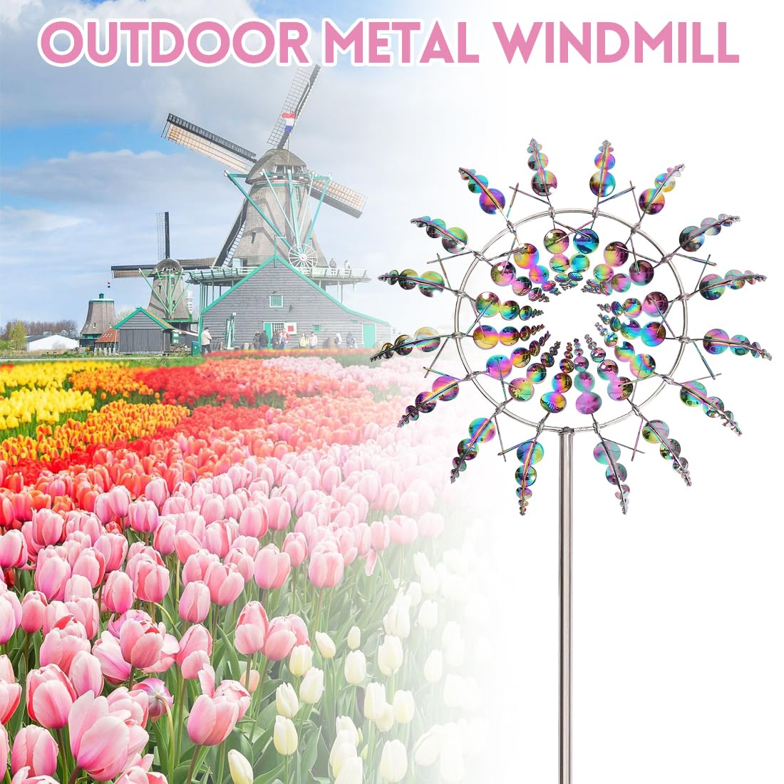 Magiczny wiatrak 3D, jedyny w swoim rodzaju i magiczny metalowy wiatrak, wiatrak do użytku na zewnątrz, podwójny wirnik 360°, kinetyczny wiatr, metalowy łapacz, wtyczka ogrodowa, dzwonki wietrzne do