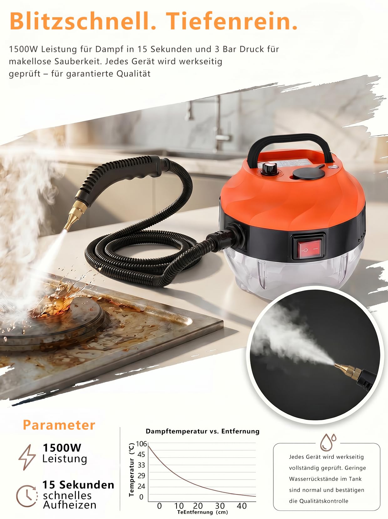 Limpiador a Vapor 1500W, 105℃, 6 Niveles, 3BAR Portátil | Vapor 105℃ 3BAR, 15 s calentamiento. Depósito 1,3L, 6 niveles, 3 cepillos. Sin químicos, para cocina baño coche.