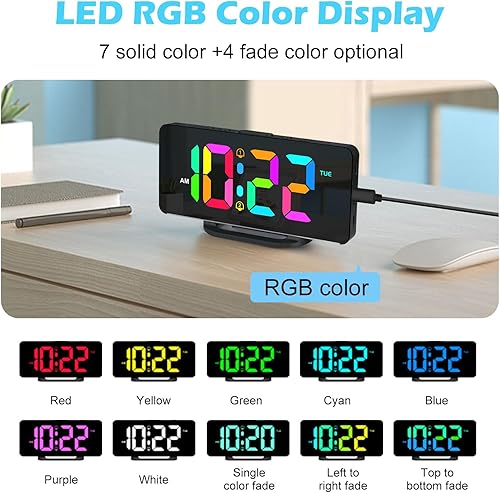 Miniatura 9 de Reloj despertador digital con doble alarma, espejo LED reloj despertador para dormitorio para niños, brillo ajustable, repetición, 2 puertos USB