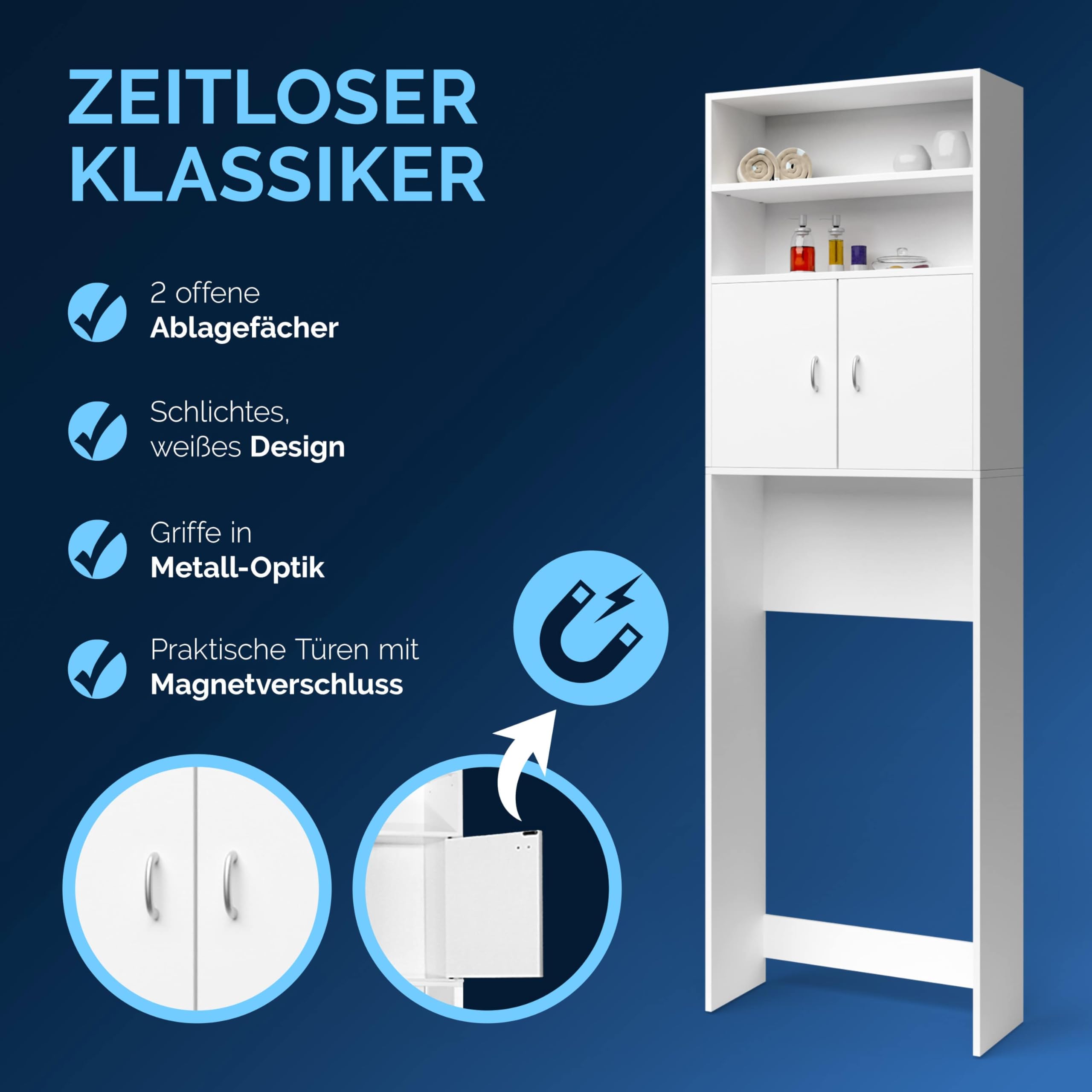 Casaria® Waschmaschinenschrank 185x63x20cm 2 Türen Badschrank Hochschrank Badezimmer Waschmaschine Überbau Bad Regal Weiß