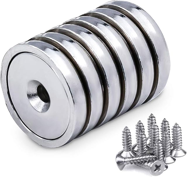 Countersunk Hole Magnets, 32mm Neodymium Pot Magnets with 90lbs Holding Force, 1.26Inch Strong Permanent Rare Earth Magnets with 6pcs Mounting Screws for Home Industry Kitchen Science Purpose, 6 Pack