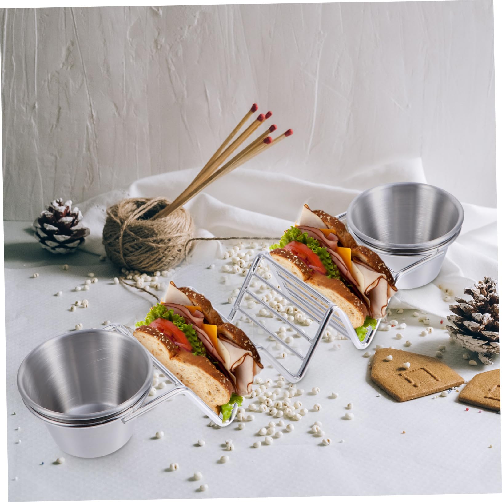 Cabilock Stainless Steel Mexican Taco Rack Metal Taco Display Stand Easy Serving Storage Two Sauce Cups Included