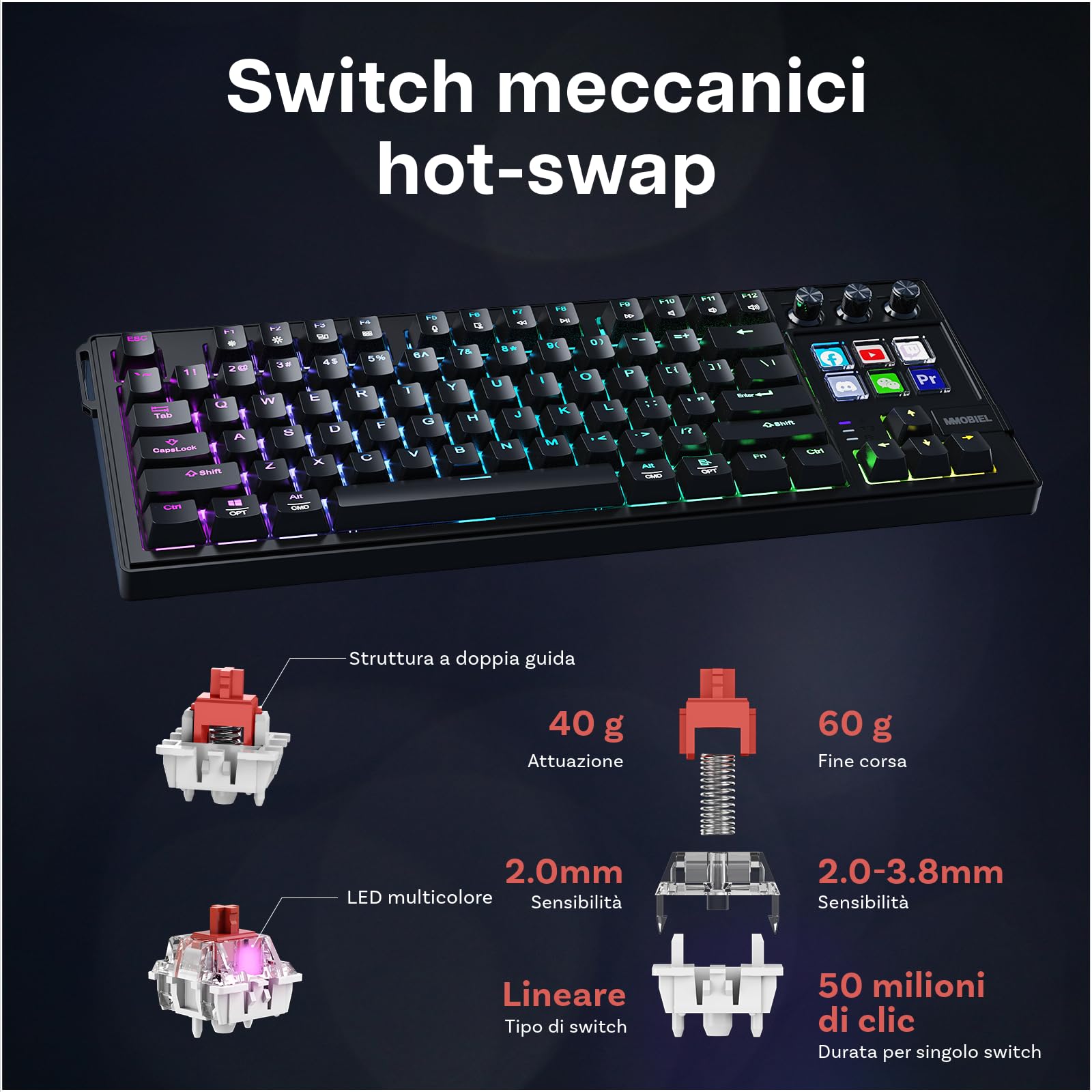 MMOBIEL Tastiera Meccanica per Stream Deck Tastiera QWERTY Hot-Swappable con Retroilluminazione RGB, 6 Tasti Macro LCD Programmabili e 3 Manopole per OBS, Streaming, Editing – per Windows/macOS