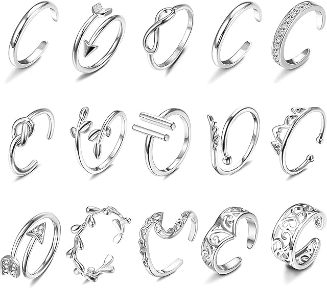 Finrezio 15PCS Adjustable Toe Rings for Women Open Toe Rings Set Arrow Leaf Knuckle Midi Tail Pinky Rings Barefoot Summer Beach Foot Jewelry