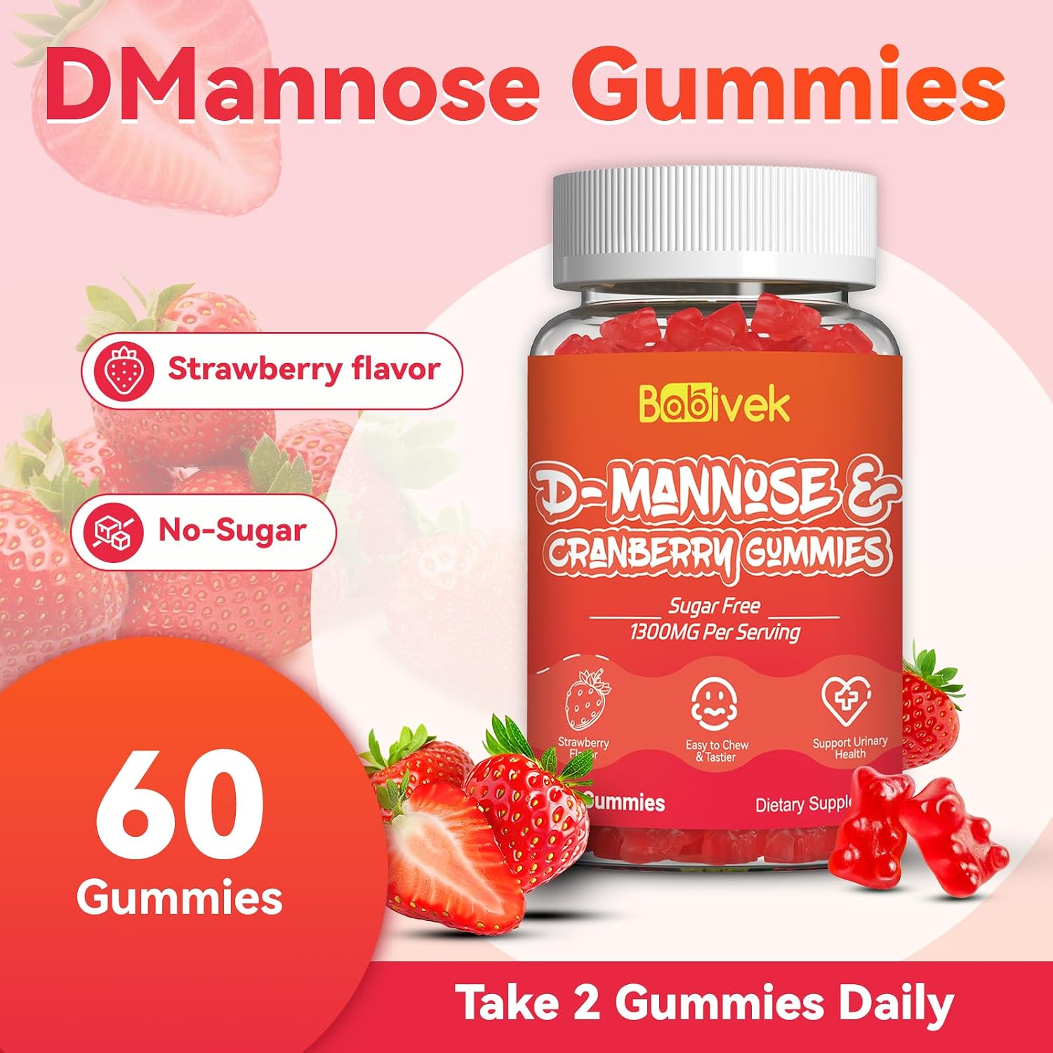 D-Mannose Gummies 1300mg per Serving with Cranberry, Sugar-Free, Vegan, Non-GMO, Gluten-Free, Supports Bladder & Urinary Tract Health, Immune Support, 60 Count, Pack of 2