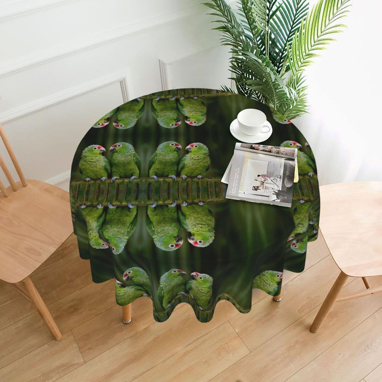 Nappe ronde perroquet vert palmier 152 cm imperméable pour table de salle à manger et extérieur