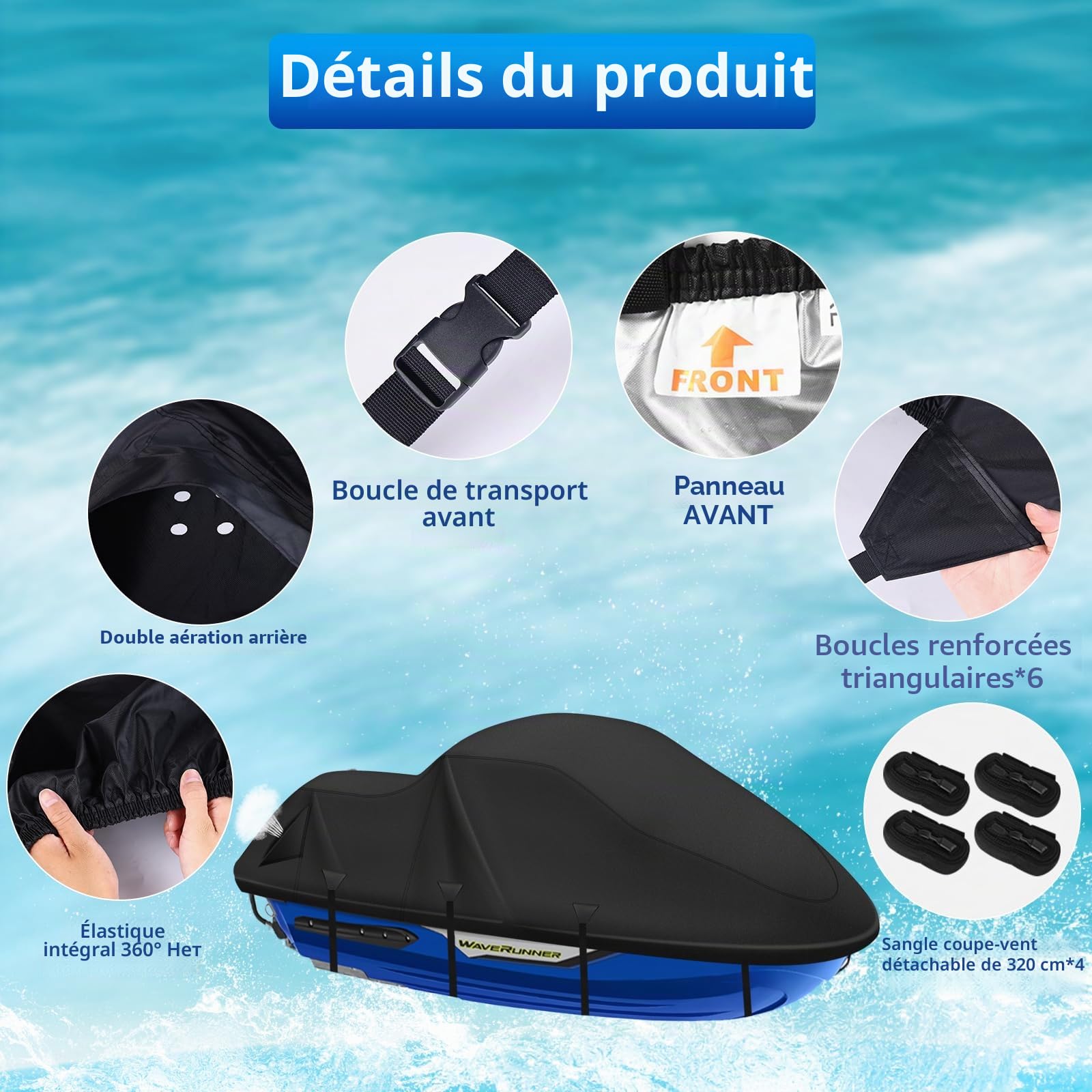 Housse pour Jet Ski 3 places, housse de protection pour jet ski 900D Seadoo, revêtement nano argent imperméable, boucles de protection contre le vent améliorées avec renfort en tissu triangulaire