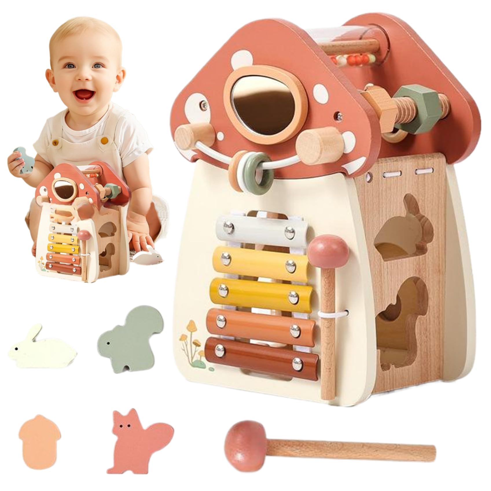 Jorzer Cubo dell'attività del Bambino, 5 su 1 Giocattoli per Bambini in Legno Educational Learning attività a Forma di Funghi cubo per Bambini Regali di Compleanno per e Ragazze