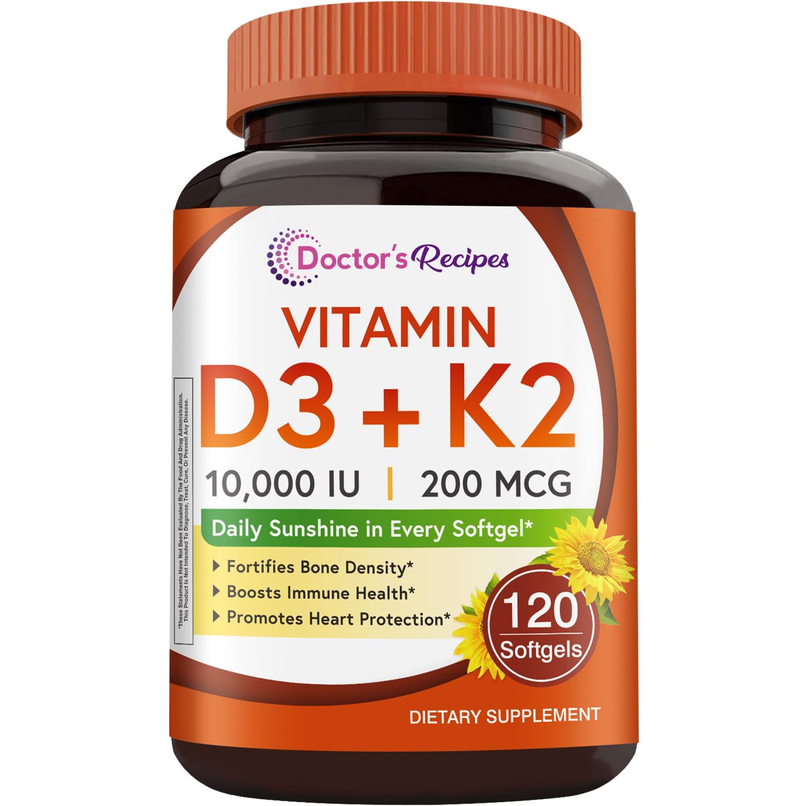 Doctor's Recipes Vitamin D3 K2, 10,000 IU, 200 mcg, MK-7, Strong Bone Density, Teeth, Immune, Heart Support, Energy, Calcium Absorption, No Soy & Gluten, Non-GM