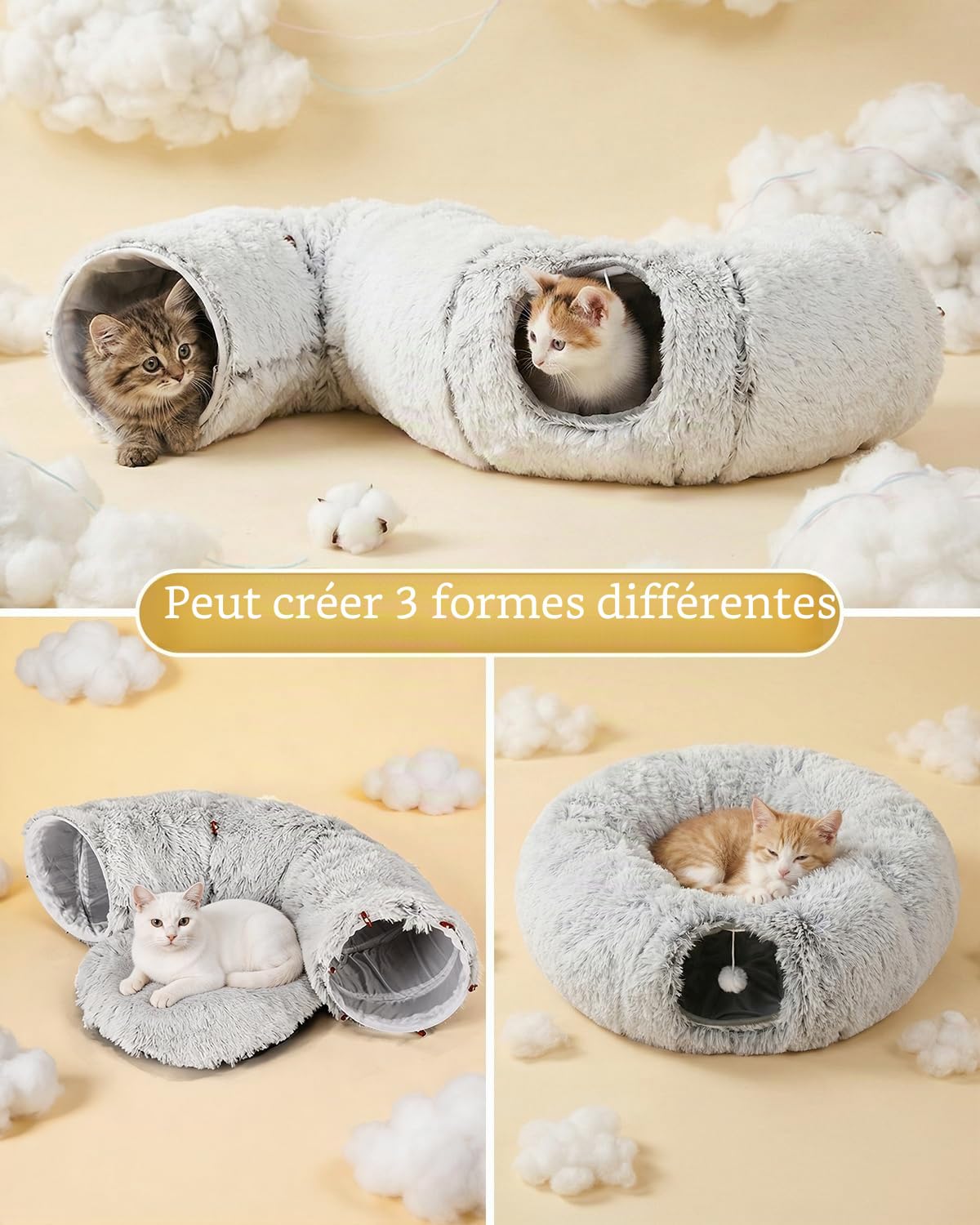 Odoland Tunnel Chat avec lit Coussin, Multifonctionnel Tunnel pour Chat Donut Interieur avec Jouets-Gris