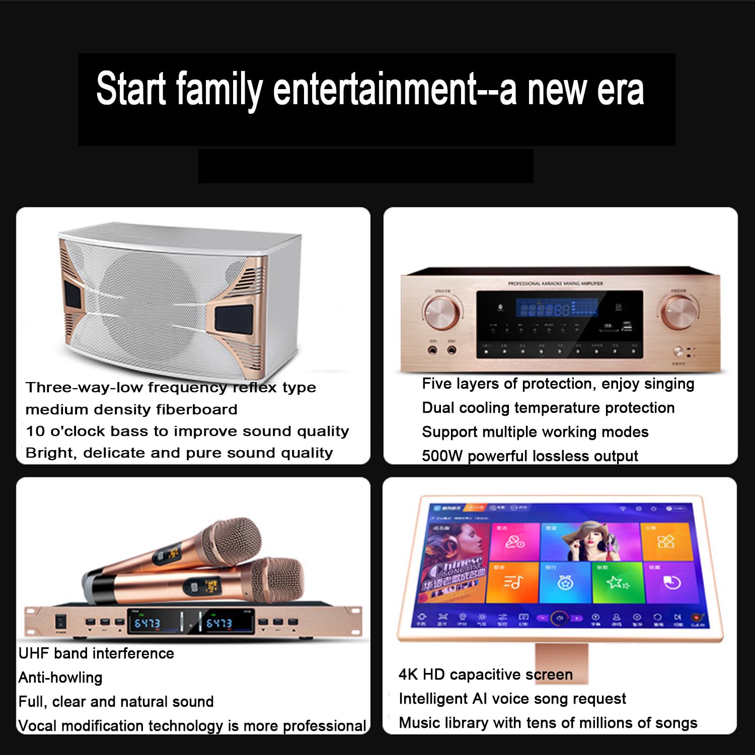 Macchina per karaoke professionale, con visualizzazione dei testi, display 4K HD da 19,5", con 2 microfoni wireless e 2 altoparlanti, richiesta di brani vocali intelligenti AI e 27 lingue