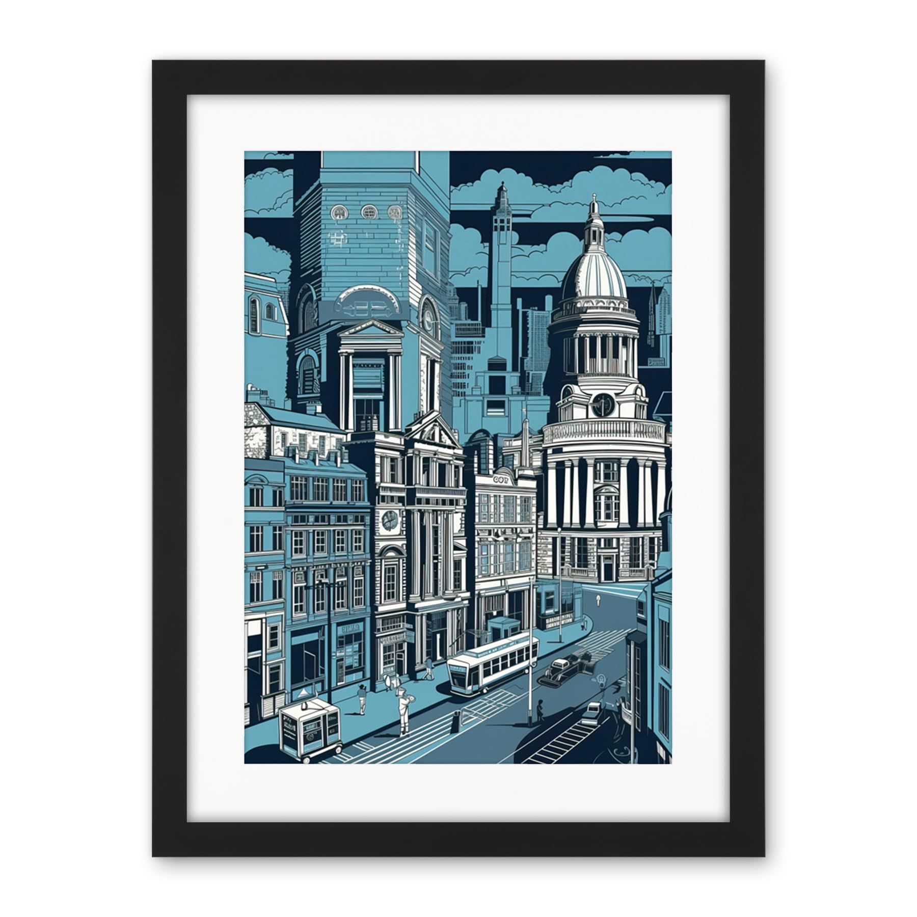 Artery8 Belfast Cityscape City Centre Hall Linocut Style Artwork Framed Wall Art Print 18X24 Inch