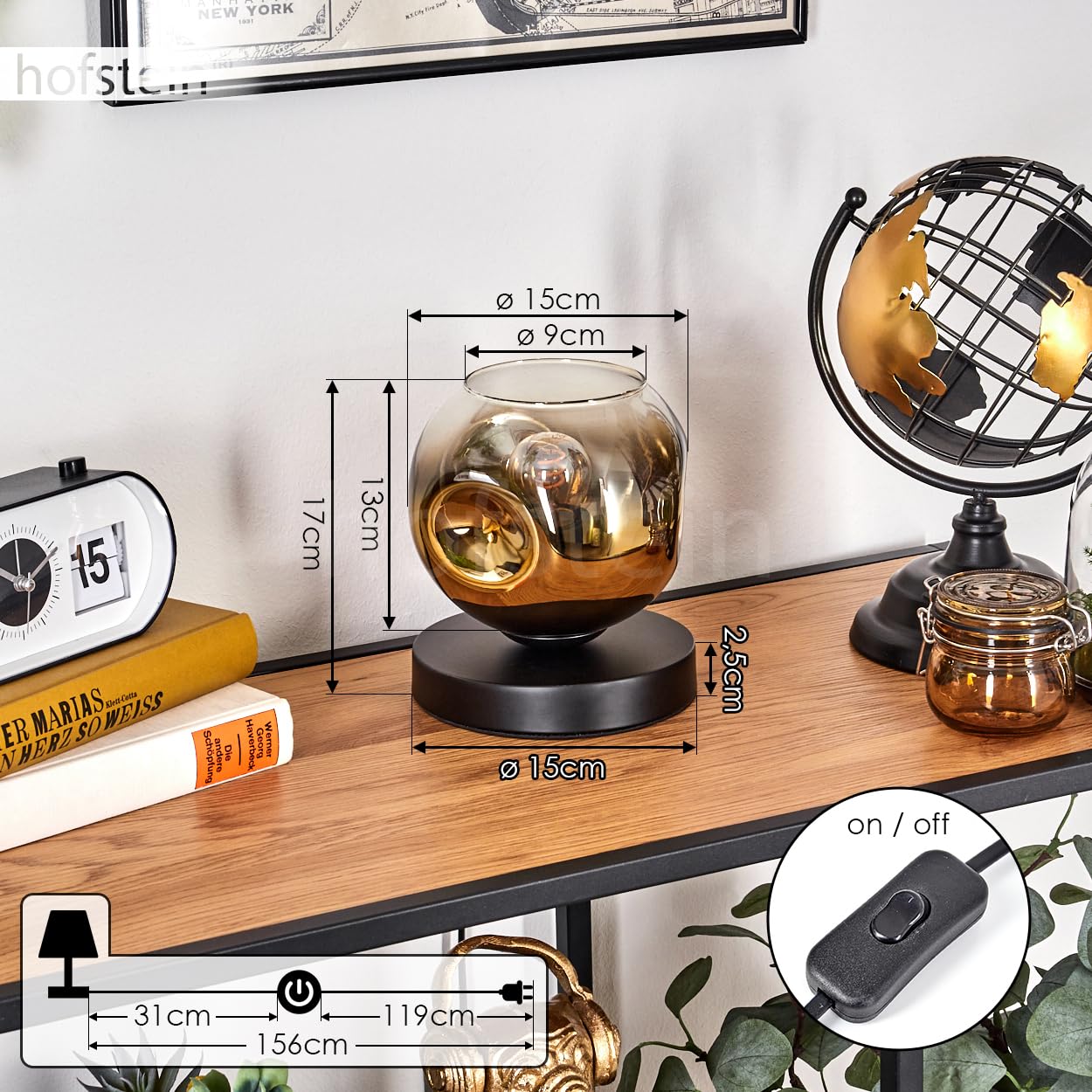 Lampe de table Ripoll, lampe de table en métal/verre en noir/or/transparent, lampe au design rétro moderne / vintage avec abat-jour en verre (diamètre 15 cm) et interrupteur marche/arrêt sur le câble,