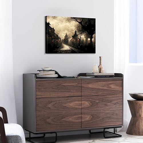 Miniatura 144 de Denozer Lienzo decorativo para pared de Halloween, castillo de terror de 32 x 24 pulgadas, decoración de pared de luna, decoración de otoño de Obra