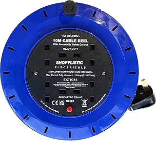 10 Meter Heavy Duty Gang Way Extension Cable Lead Cassette Reel 4 Way UK 3Pin Plug 10amp Extension Reel with 10 Metre Heavy-Duty Winding Cable and Safety Cut Out Switch