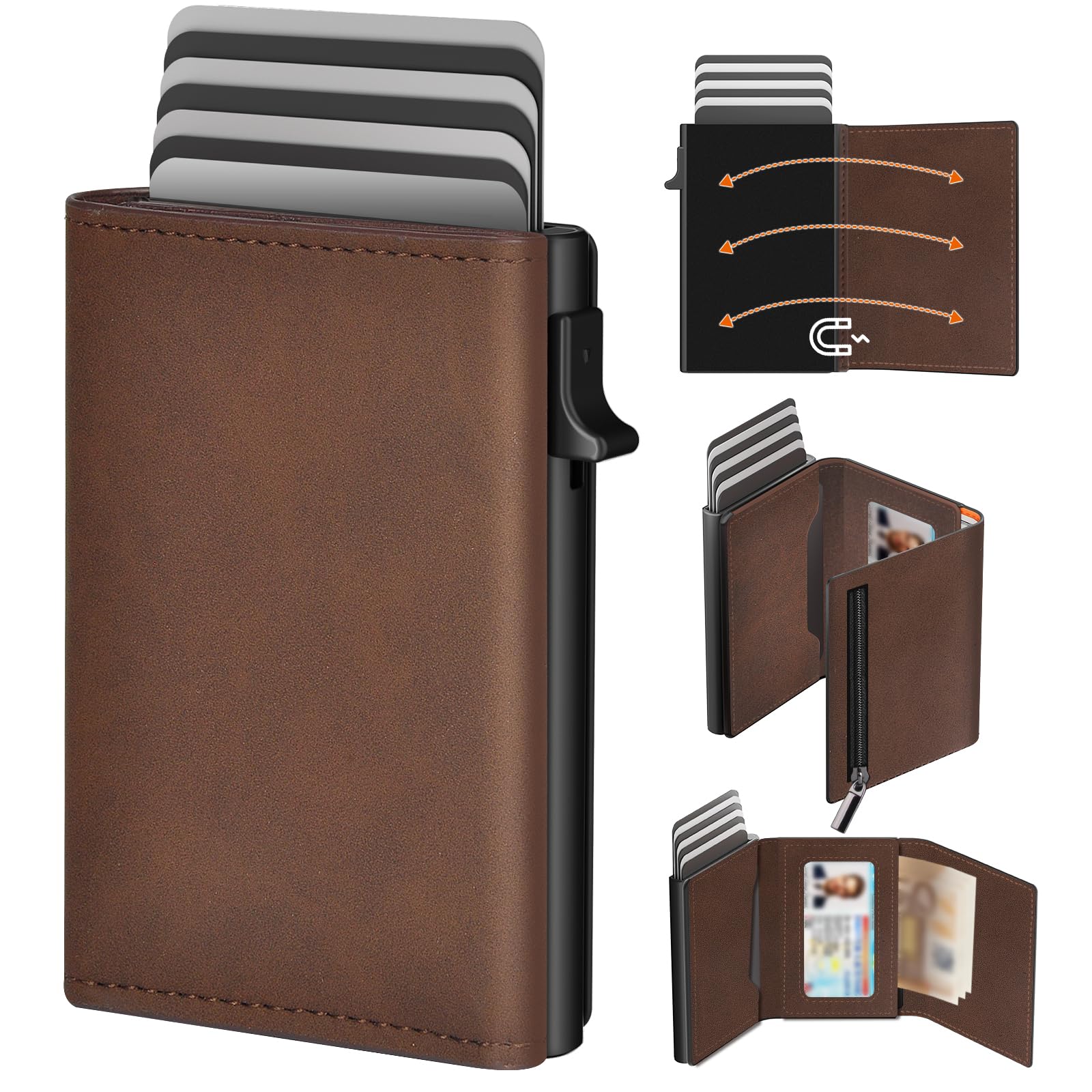 Portafoglio Uomo Slim, Porta Carte di Credito Uomo con Chiusura Magnetica e Tasca Portamonete, Portafoglio uomo Pelle, Portacarte Uomo Pop-up per 9-14 Carte | Finestra ID | Slot per Contanti Marrone