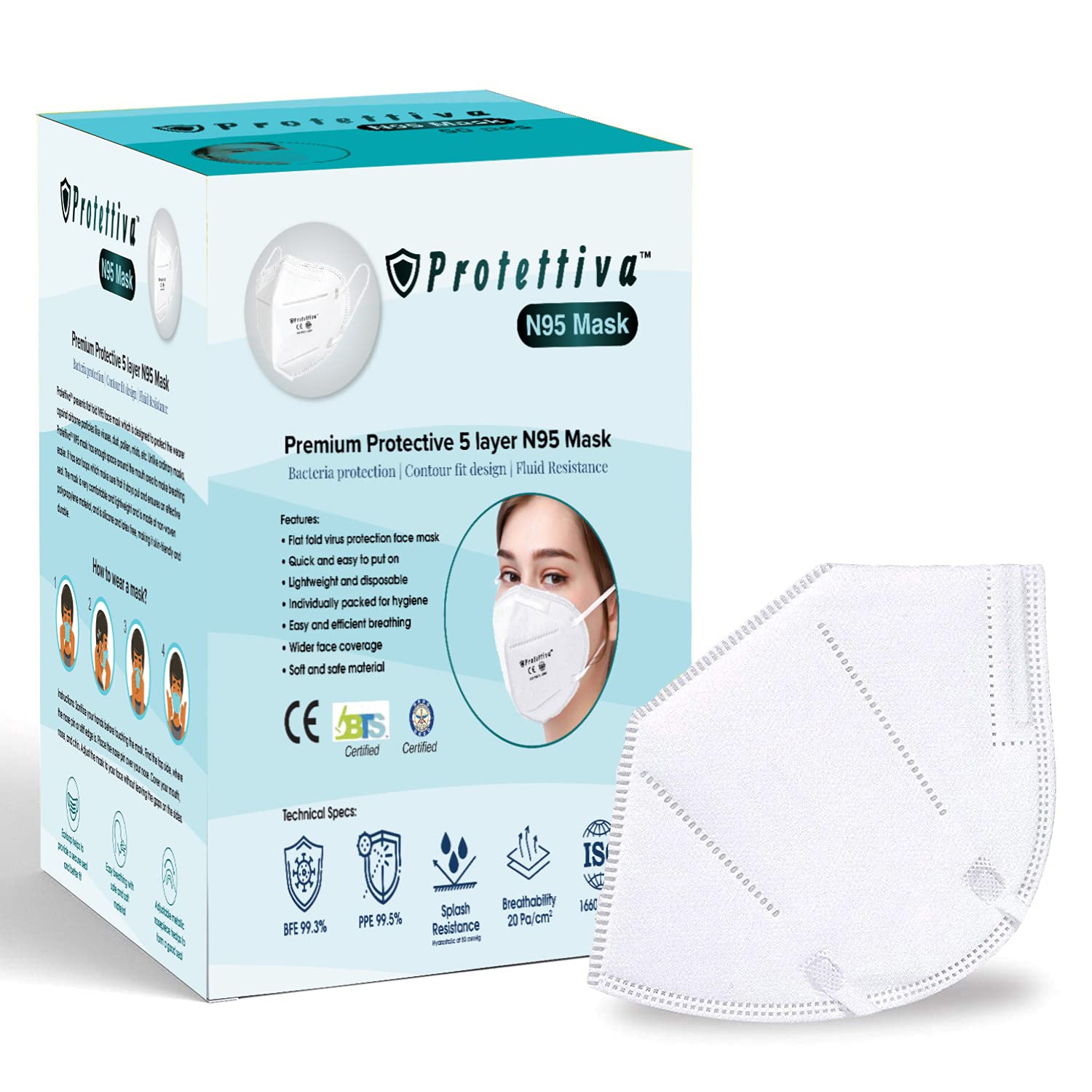 Protettiva N95 Mask (White) | With Adjustable Nose-pin | 99.3% Efficient Filtration of Airborne Particles | Unique Design for Extra Comfort and Safety | Foldable & Easy to Wear | Pack of 50 (B094W5H79J) Amazon Price History, Amazon Price Tracker