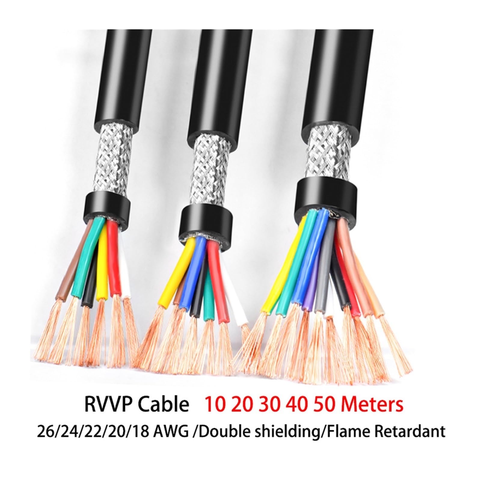 Ekranowany kabel sygnału sterującego RVVP o długości 50 m, 2-8-rdzeniowy drut miedziany z PVC | Drut miedziany z PVC 17/18/20/22/24/26AWG, przewód audio, izolacja PVC,(5CORES_22AWG 0.3MM2)