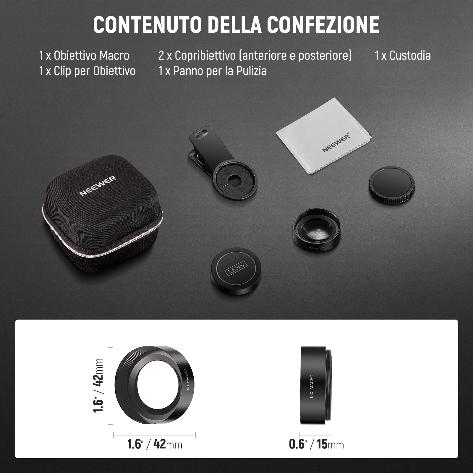 NEEWER BASICS Kit Obiettivo Macro 15x per Telefono con Morsetto per Lente da 37mm, Accessori per Fotocamera HD Compatibile con iPhone Samsung Smartphone Android, LS-69