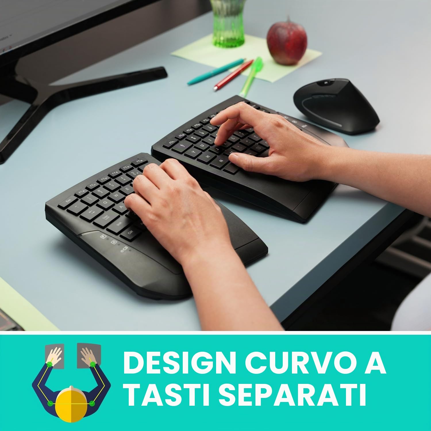 Perixx PERIBOARD-624B - Tastiera ergonomica senza fili, design split, TKL, inclinazione regolabile, layout QWERTZ, colore: Nero