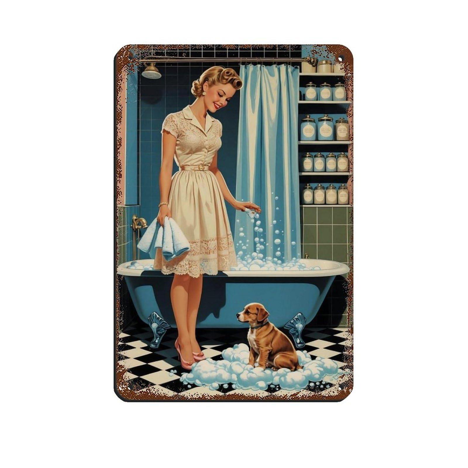 Poster en métal vintage femme chiot decoration murale retro 20x30cm