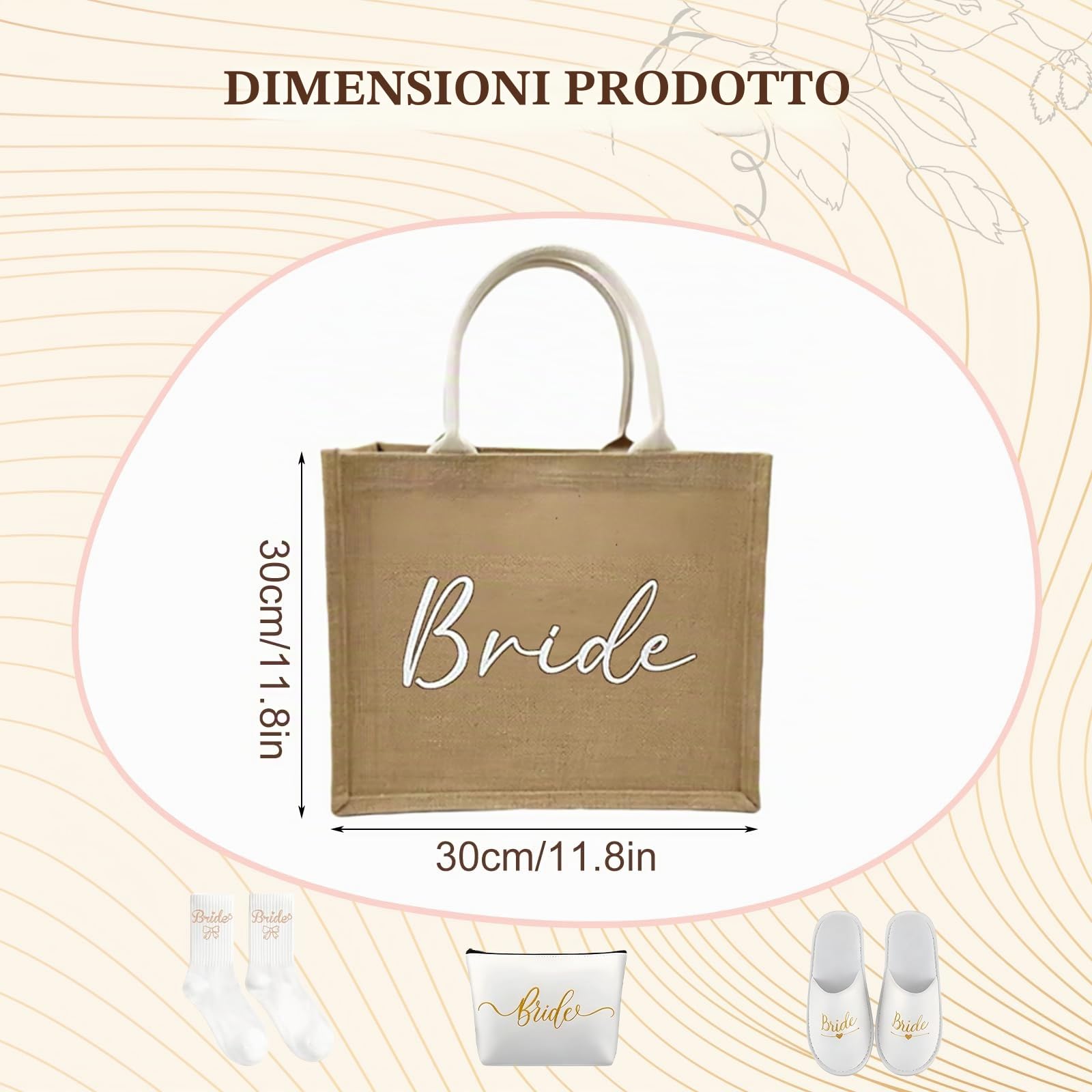 4 pezzi Set di regali per sposa Accessori JGA per donne Borsa in juta con borsa per cosmetici, pantofole, calzini, Borsa cosmetica Bride To Be JGA Borsa in juta per JGA, matrimonio, festa in spiaggia