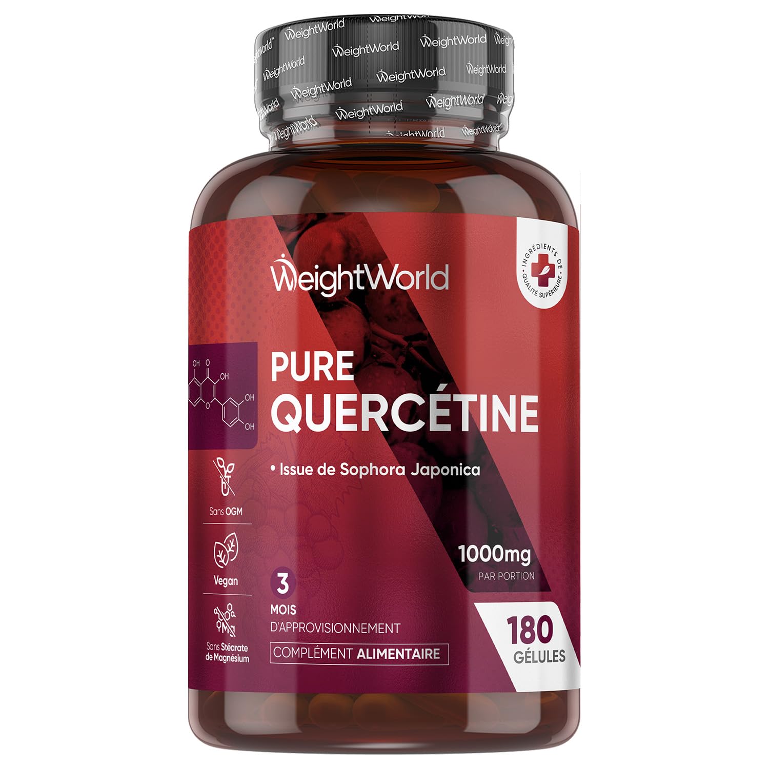 Quercétine pure 1000 mg issue de Sophora japonica — 180 gélules vegan, format 3 mois