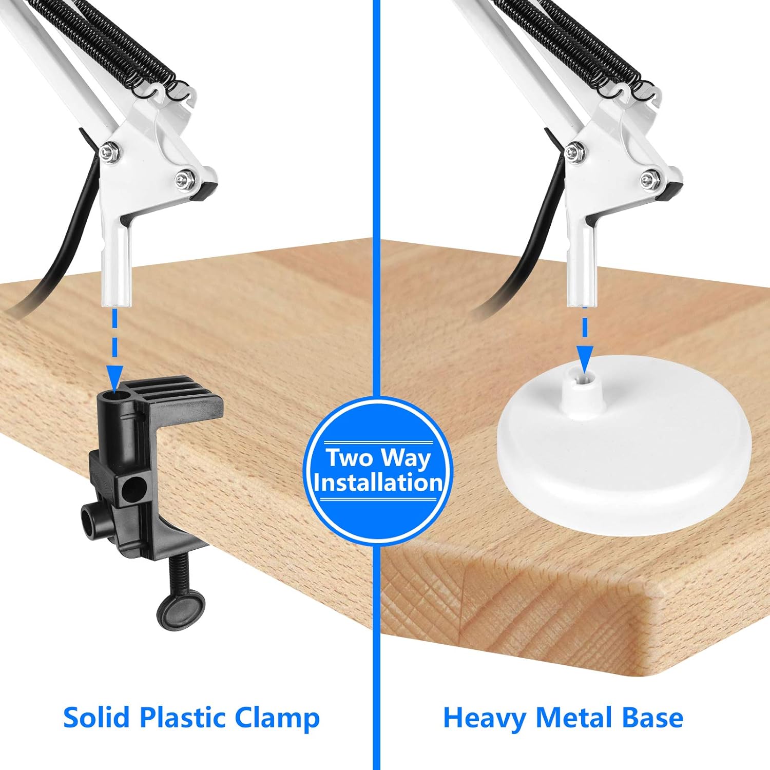 AmeriTop Metal Desk Lamp, Adjustable Swing Arm Table Lamp with Interchangeable Base Or Clamp; Eye-Caring Desk/Clip Reading Lamps for Bedroom, Study, Office (White) thumbnail