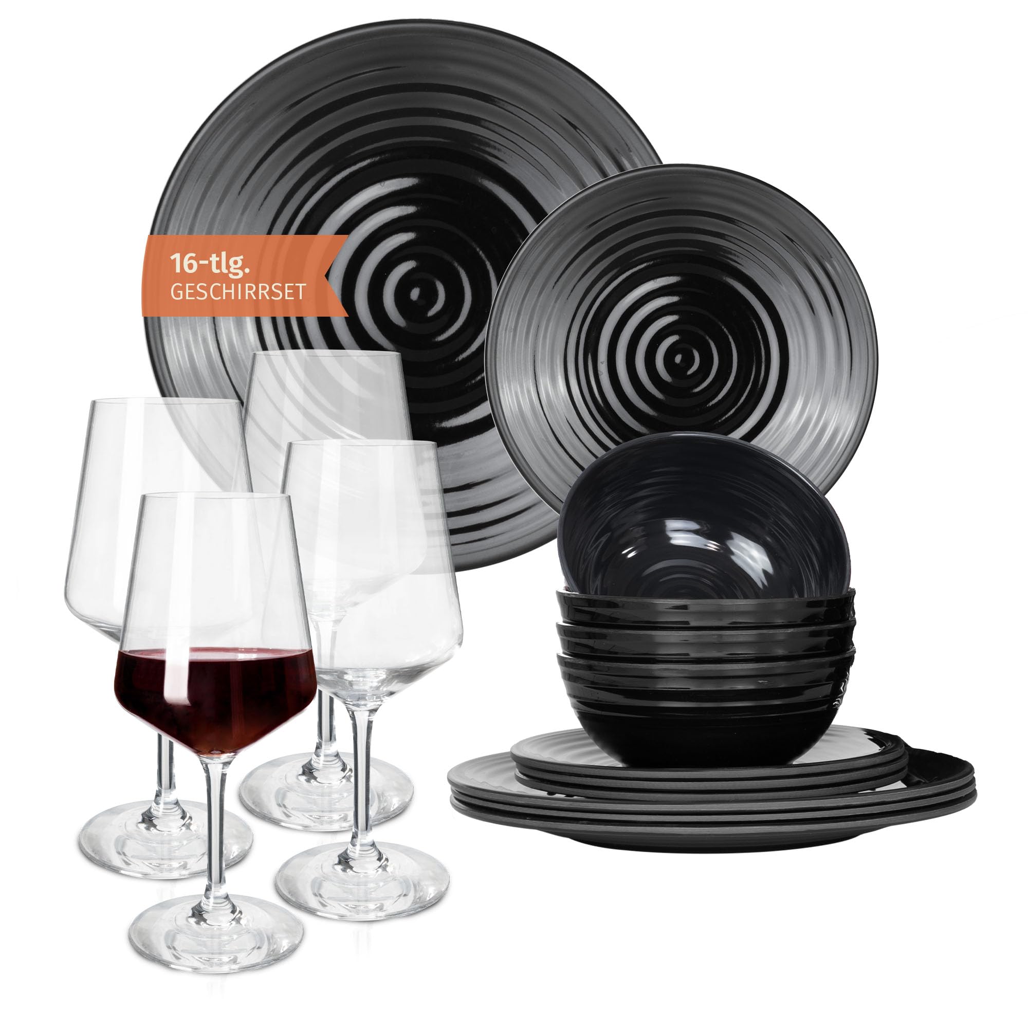 Melamin Camping Geschirr Set 4 Personen Stone Dark Black + 4 Milano Rotwein Gläser Rot Weingläser Tafelgeschirr Picknick BBQ Kochgeschirr