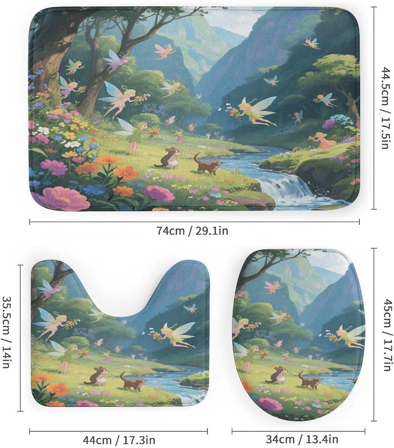 Elf Valley Bath Rug Set 4 Piece,Bathroom Accessories Set-Toilet Rugs U Shaped,Toilet Lid Cover,Shower Curtain and Rugs,Ultra Soft, Absorbent,Home Decor
