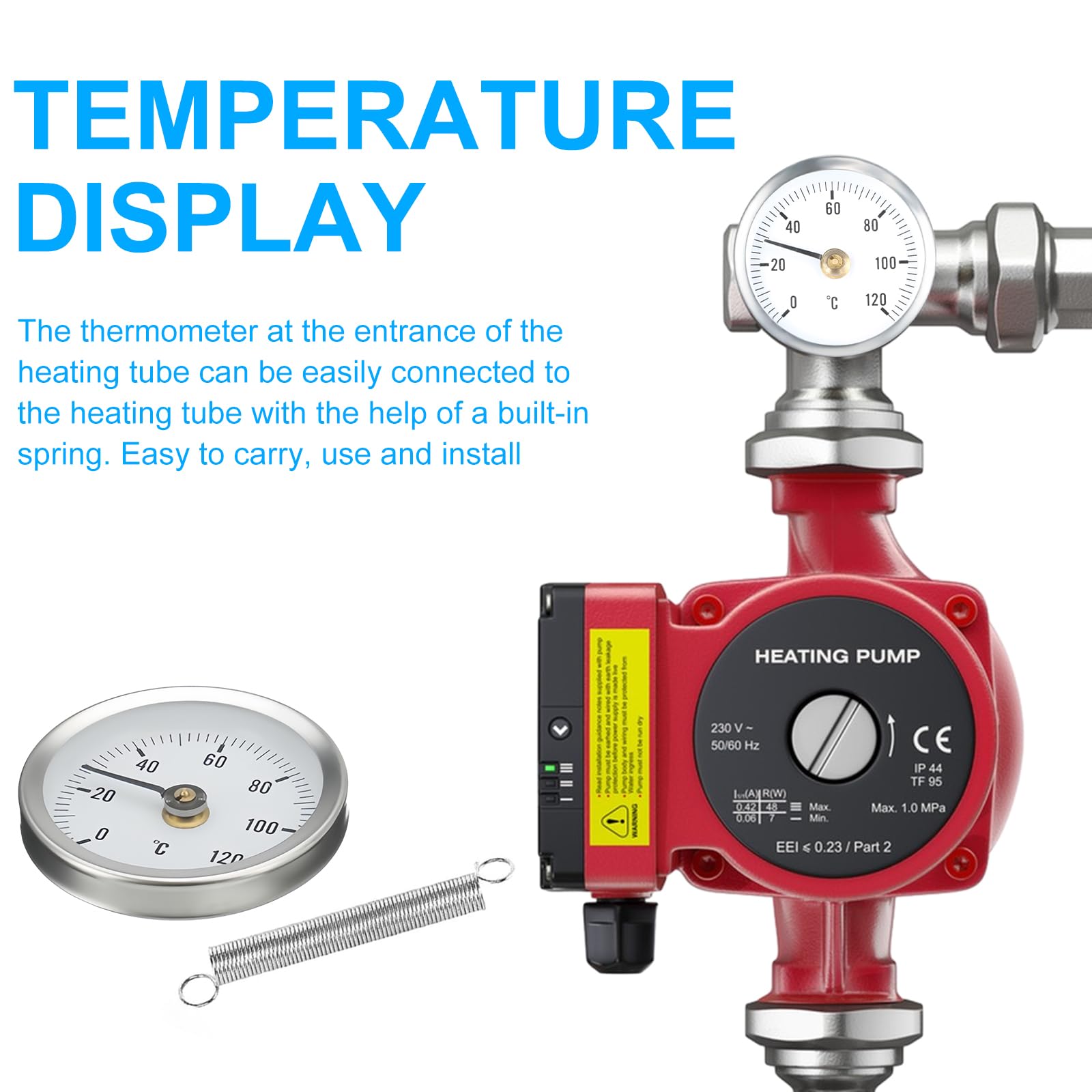 Termometro Bimetallico per Tubi dell'Acqua Calda, 0-120°C, Clip e Molla, Indicatore di Temperatura per Uso Industriale e Domestico