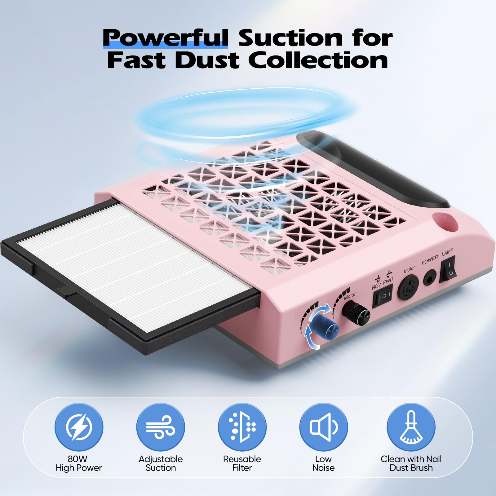 Trsaow Fresa elettrica per unghie 6 in 1, aspiratore professionale per polvere da 30.000 giri/min, potente aspiratore da 80 W, luce LED girevole da 6 W, silenzioso, con 3 lime per salone (Pink)