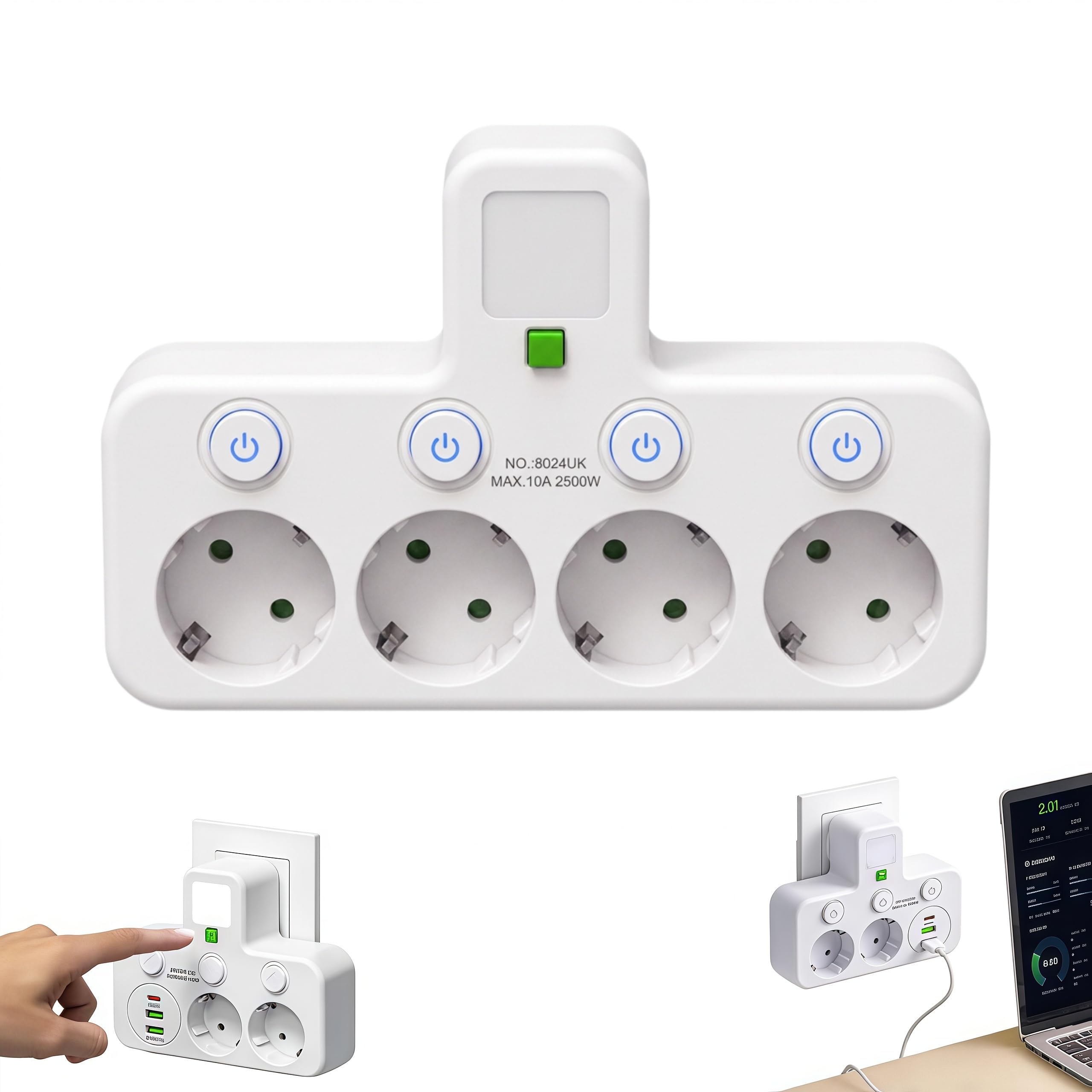 Kabellose Steckdosenleiste mit Nachtlicht, Steckdosenleiste ohne Kabel 2/3/4/5 Fach Mehrfachstecker für Steckdose mit 1 Type-C 2 USB Einzelschalter für Schlafzimmer Büro Reise (Weiß,4 Dosen)