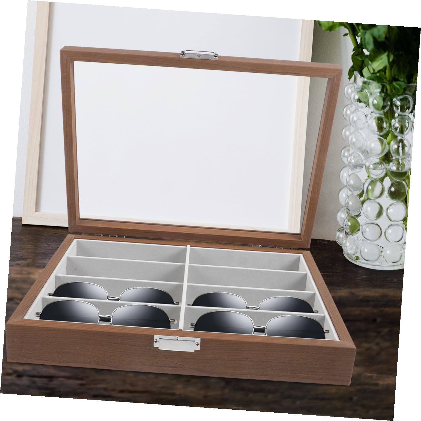 Organisateur de Lunettes en Bois 8 Emplacements, Boîte Rangement Lunettes Scratch-free et Fonction Protective pour Fête Estivale à Domicile ou Bureau