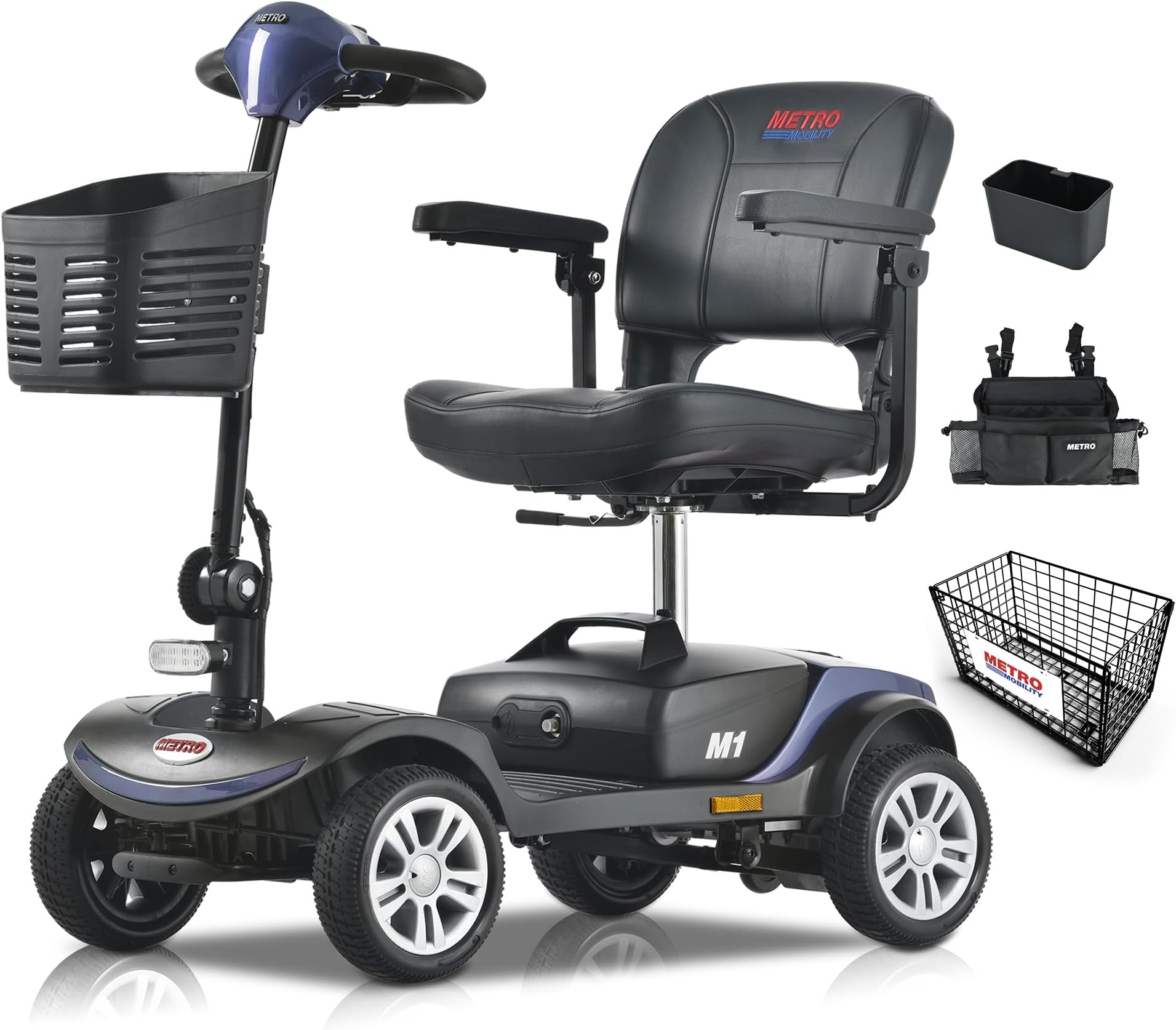 Metro Mobility 4 Wheel Foldable Mobility Scooter for Adults - 300 lbs Capacity Electric Mobility Scooters for Seniors - Long Range Power Extended Battery with Thickened Seat and Front LED Light - Blue