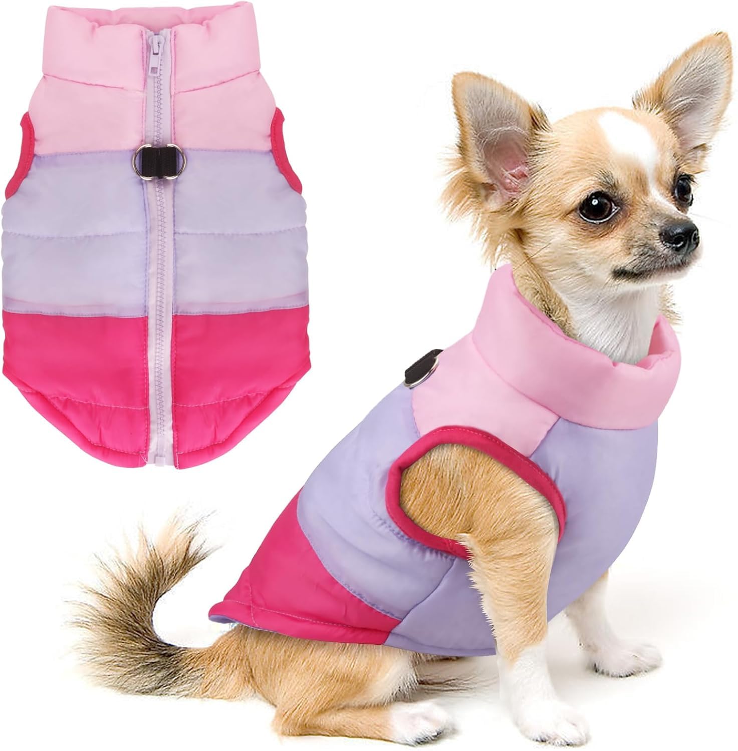 Idepet Pet Dog Cat Coat with Leash Anchor Color Patchwork Padded Puppy Vest Jacket Teddy Chihuahua Costumes Pug Cloth XS S M L(XX-Large,Rose Red)