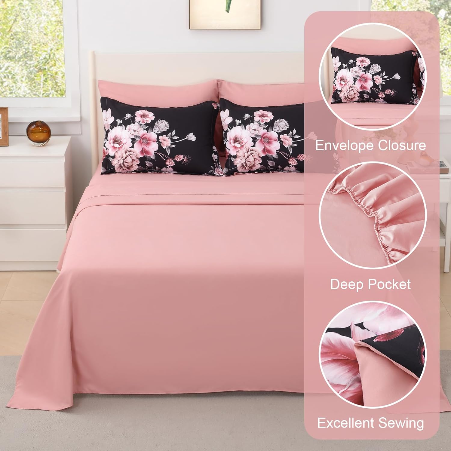 Floral King Size Comforter Set - 7 Piece Botanical Black and Pink Bed in a Bag Ulter Soft Microfiber Bedding Set, Lightweight Bed Comforter Set with Sheets for All Season (Black, King) - Image 4