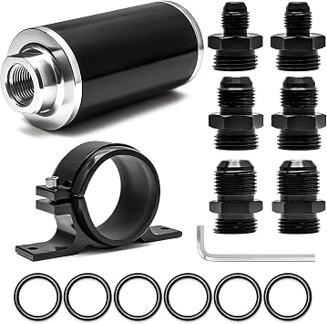 58mm 30 Micron Inline Fuel Filter 6AN 8AN 10AN Aluminum Fuel/Gas/Petrol Filter Adapter Fittings & Fuel Filter Mounting Bracket Universal Cleanable Black