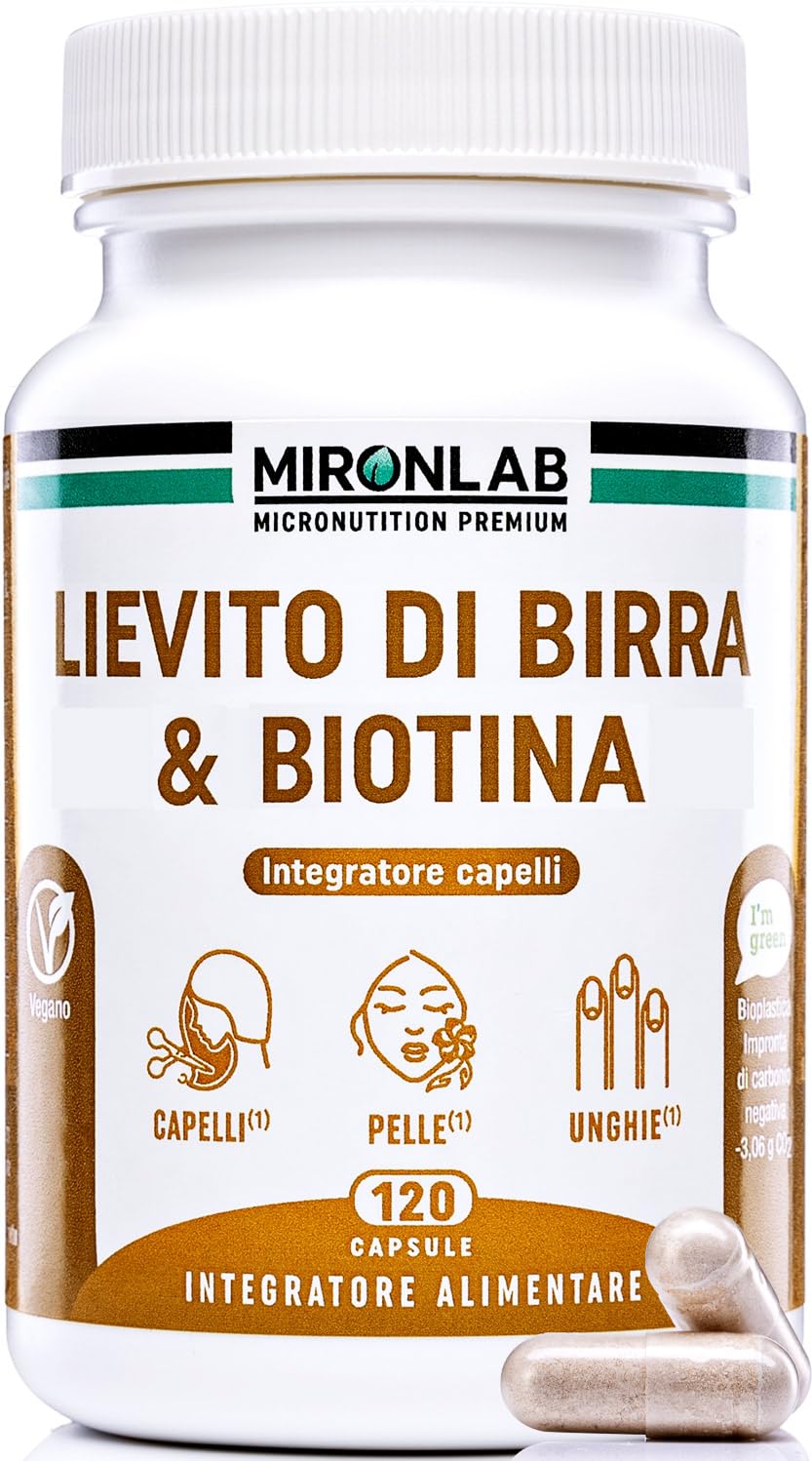 Lievito di Birra - Alto Dosaggio : 1640mg - Arricchito di Biotina Vitamine e Minerali - Integratore crescita capelli e Bellezza pelle e unghie - 120 Capsule : 1 mese - MIRONLAB