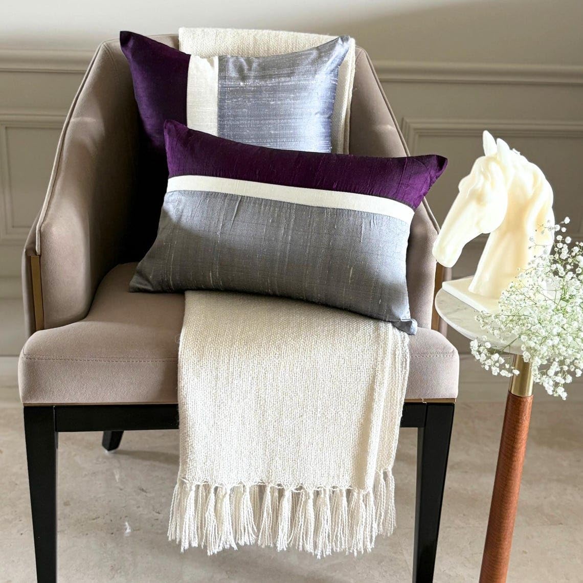 The HomeCentric Decorative Pillow Case Covers with Zipper, Purple & Grey 16"x16" (40x40 cm) Accent Cushion Covers, Silk Color Block Patchwork Throw Pillows for Sofa, Patchwork - Splendour Purple