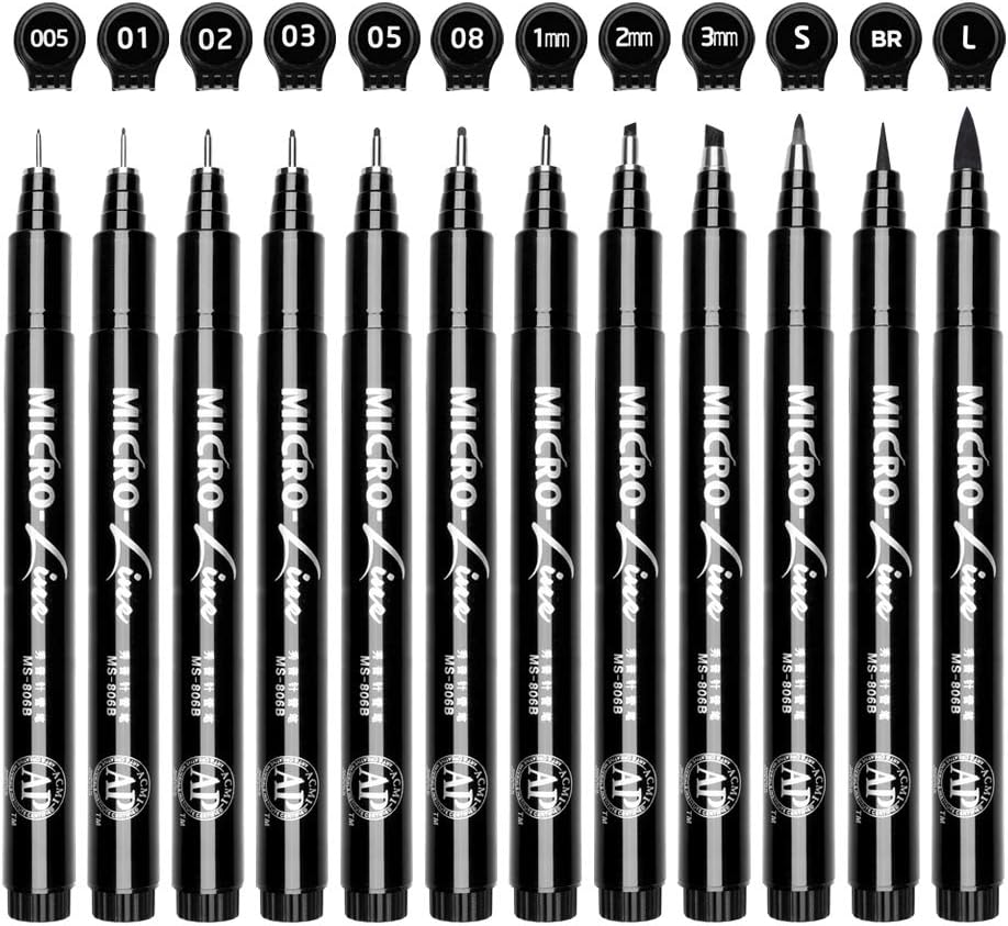 Set of 12 Black MicroPen Fineliner Ink Pens Waterproof