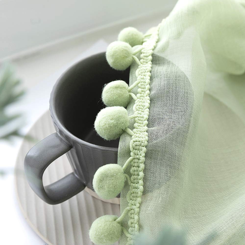 MIULEE Tende voile palline peluche passanti 2pz L140xA225 Verde | Tende voile trasparenti poliestere con passanti; modello con palline peluche decorativo per soggiorno, camera e cucina