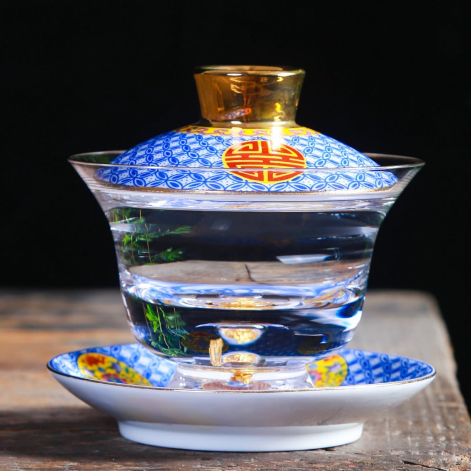 三才玻璃盖碗耐热陶瓷茶杯家用透明泡茶 Ceramic Kung Fu Tea Set,teapot,Teacups,warming Wedding Birthday Gift,Tea Tray Chinese,Dishwasher Safe 五福临门盖碗-标准