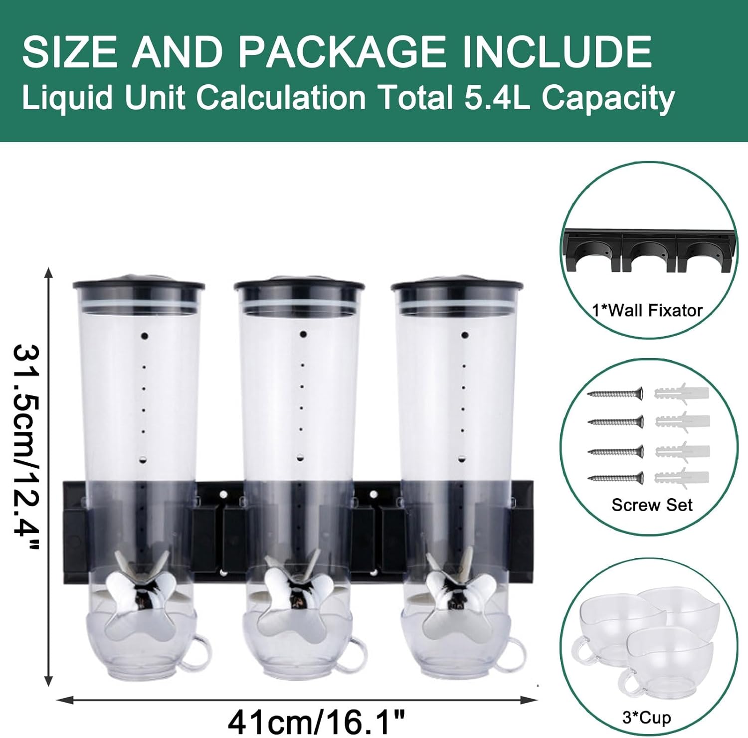 Wall Mounted Cereal Dispenser, Dry Food Dispensers Large Capacity Candy Dispensers, Transparent Grain Dispenser for Kitchen Storage Oatmeal Snack Coffee Beans(Silver,Triple Head 5.4L)
