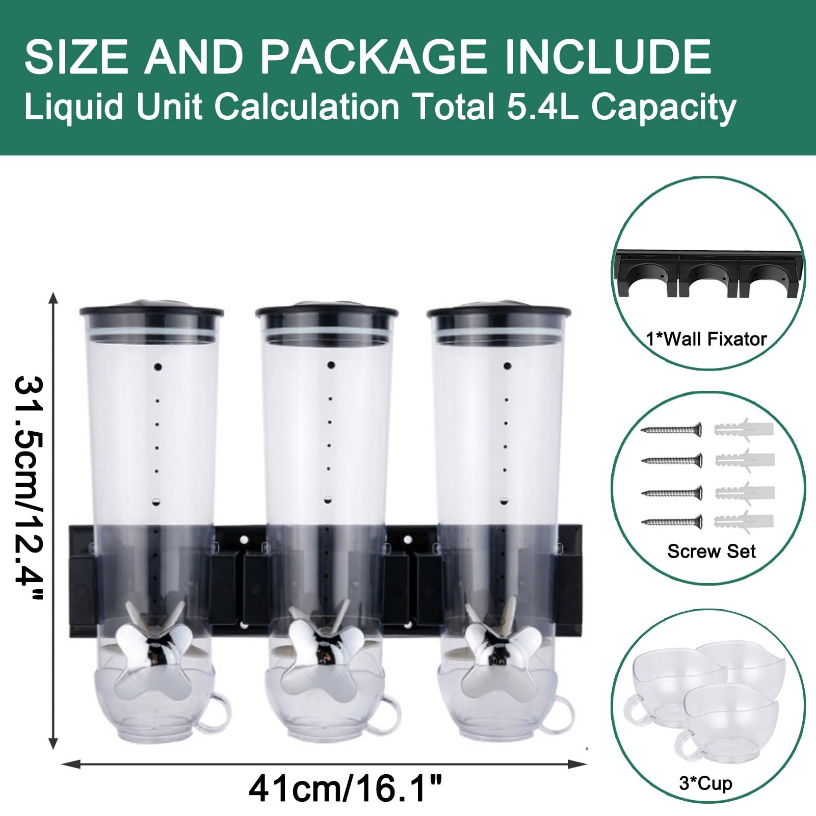 Dispenser per alimenti secchi, grande capacità, dispenser per cereali da parete, dispenser trasparente per cereali da cucina, farina d'avena, snack, chicchi di caffè, 1,8 l, testa singola