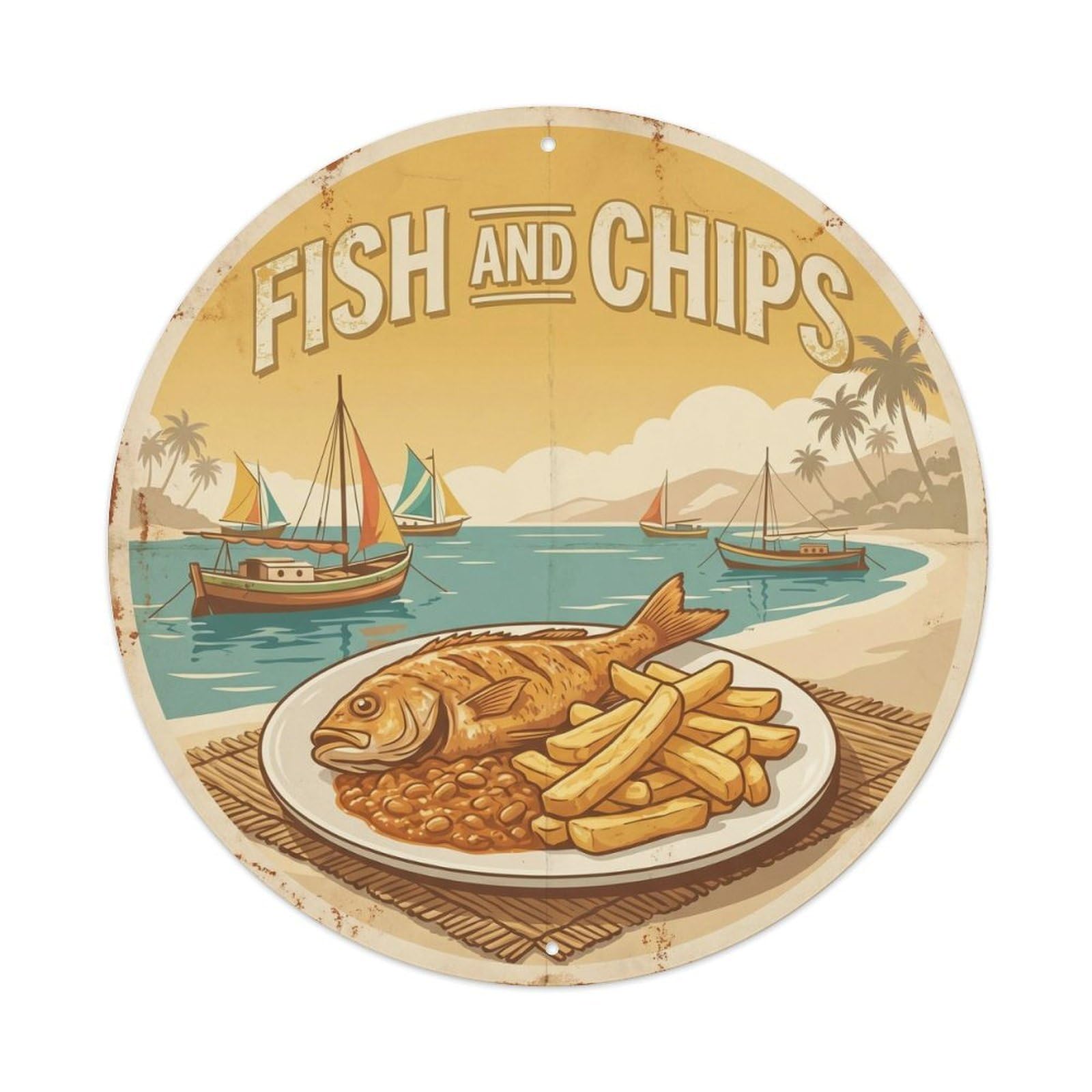 Sierra Leone Fried Fish Chips Classic Coastal Cuisine Metal Tin Sign