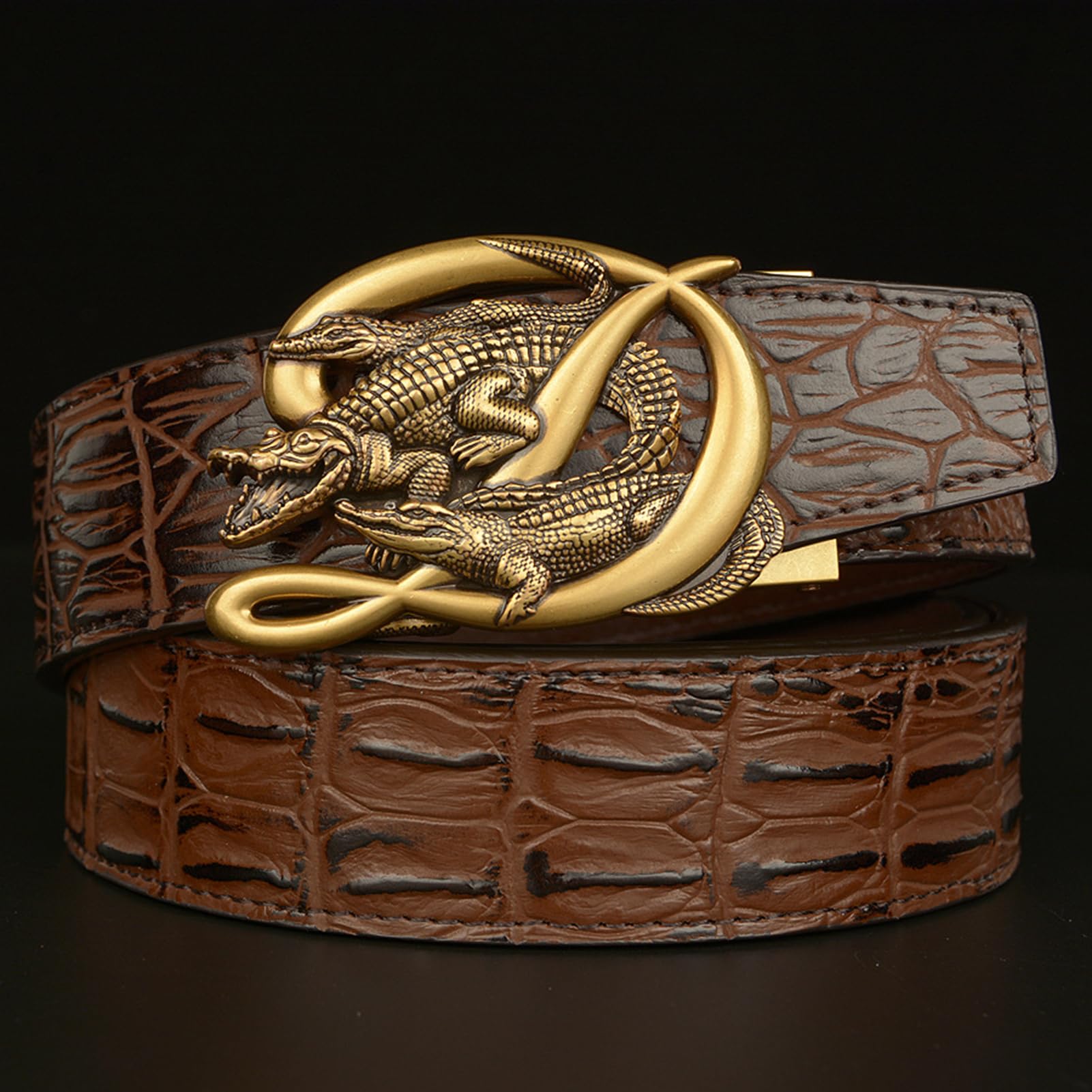Cinturón De Trinquete Deslizante Cuero Con Patrón Cocodrilo, Hebilla Automática Grabada Animales, Cinturón Ocio Occidental, 130cm, Negro