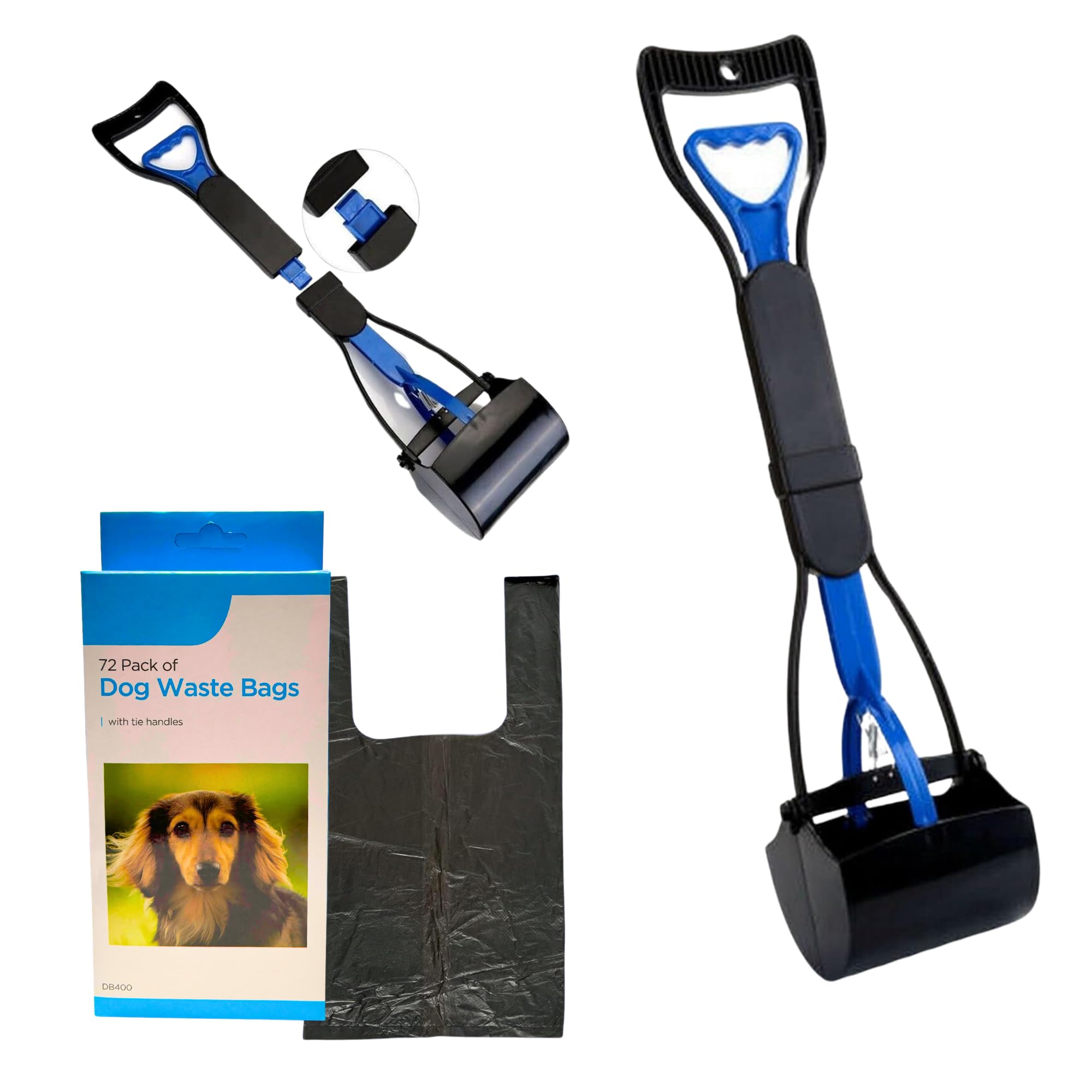 ADEPTNA Dog Pooper Scooper Long Handle Pet Dirt Scoop with 72pcs Dog Waste Bags – Portable 60cm long Pet Poop Scooper Litter Dirt Picker Shovel Artefact for Dogs Cats