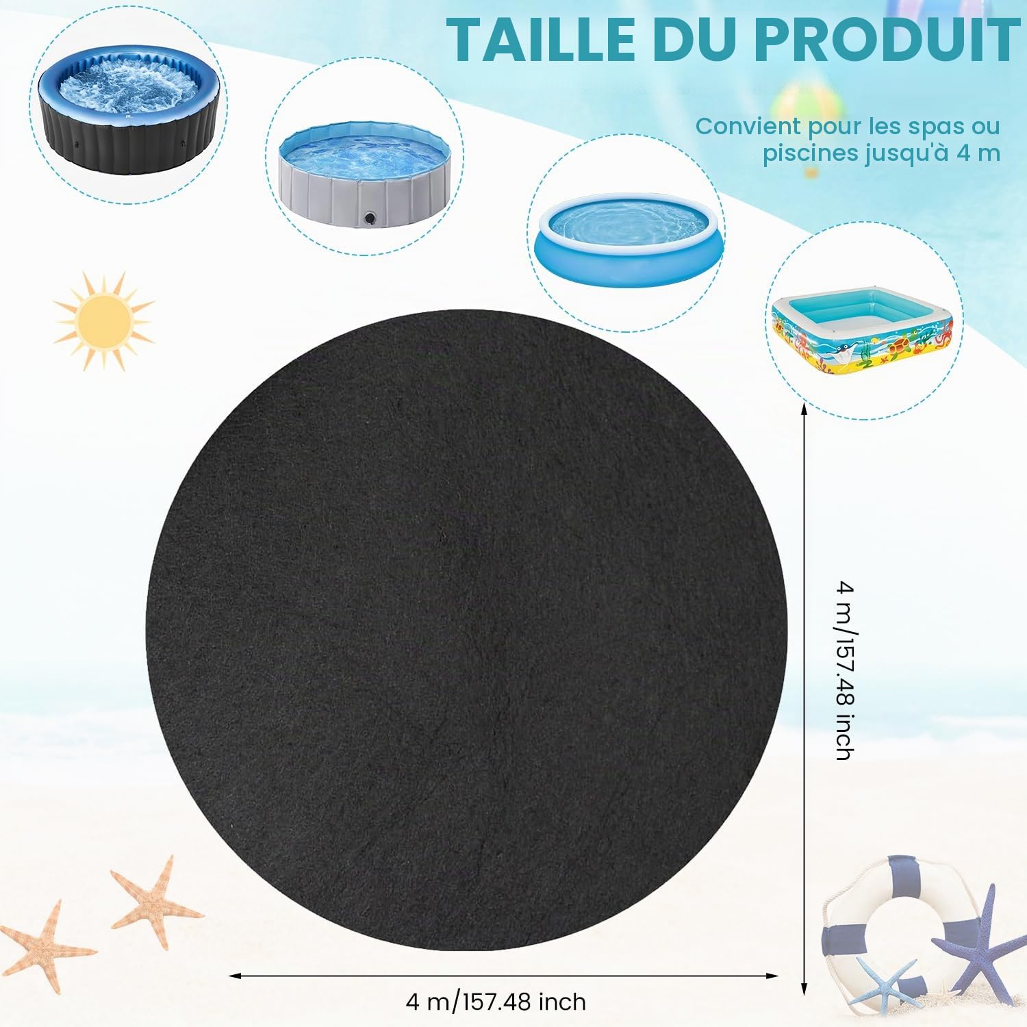 Tapis de piscine d'extérieur - Tapis de protection - Tapis de piscine antidérapant - 4 m - Rond - Tapis de protection de sol - Empêche les trous - Tapis en feutre absorbant l'eau - Accessoire de